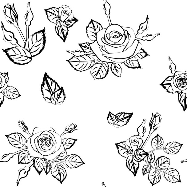 ロマンチックなバラのシームレスなパターンの葉の芽と花の壁紙の背景に、再現性のないステッチのギャップイラスト - ベクター画像