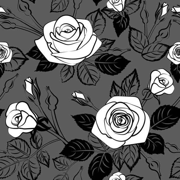 romantic roses seamless pattern with leafs buds and blossom on wallpaper background, repeatable no sew gap illustration - Vector, Image