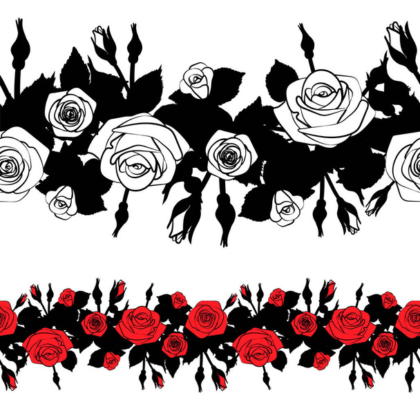 flower ribbon seamless line stripe , repeatable tile border , beautiful leaves branch black isolated on white , vector illustration - Vektor, obrázek