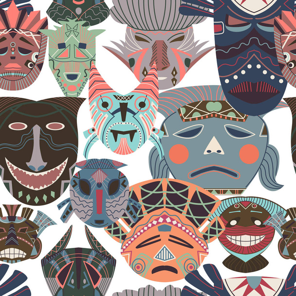 Patrón sin costuras con máscaras tribales. Fondo étnico africano con elementos geométricos. Ilustración vectorial
 - Vector, Imagen