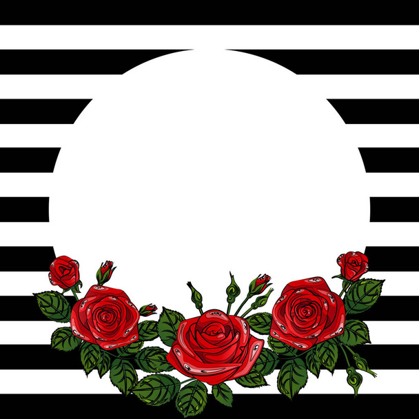 rózsák keret kerek határon levelek és Mehndi fekete-fehér Doodle dísz kézzel rajzolt, vektor banner illusztráció háttér - Vektor, kép