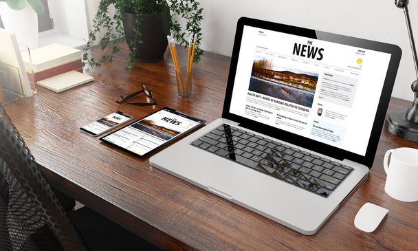 devices news on wooden desktop 3d rendering - Foto, Imagem