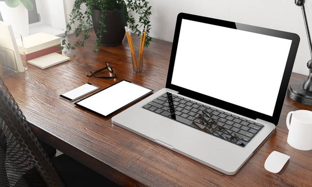 devices mockup on wooden desktop 3d rendering - Фото, зображення