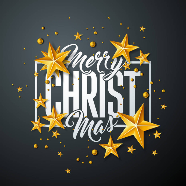 Merry Christmas Illustration with Gold Glass Ball, Star and Typography Elements on Black Background. Vector Holiday Design for Greeting Card, Party Invitation or Promo Banner. - Vecteur, image