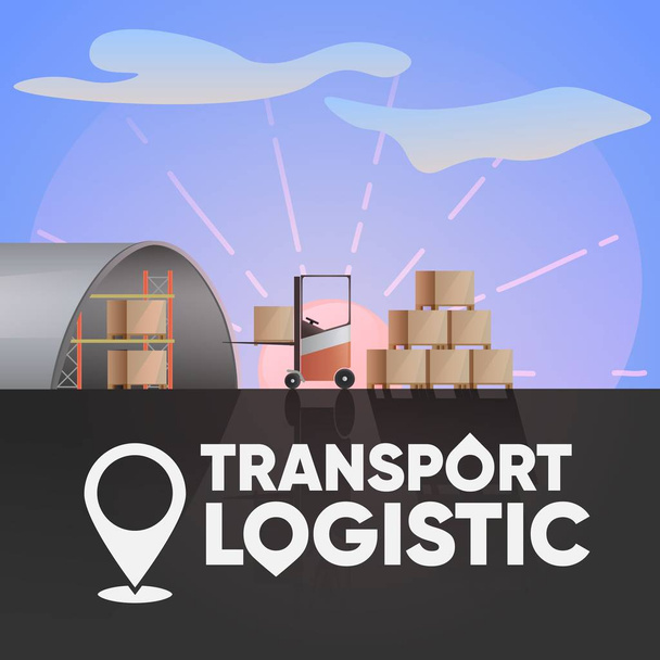 Logo of the logistics company. Destination. Pallet loading, electric forklift at dawn, - Vector, Image