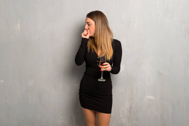 Woman with champagne celebrating new year 2019 is suffering with cough and feeling bad - Photo, Image