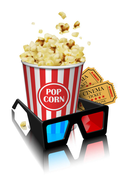 Illustration für die Filmbranche. Gläser, Popcorn und Eintrittskarten auf einer spiegelnden Fläche auf weißem Hintergrund. hochdetaillierte Illustration - Vektor, Bild