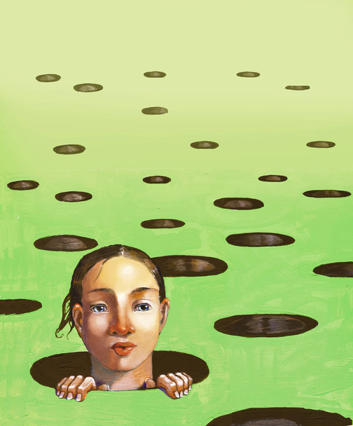 despertando de un campo lleno de agujeros redondos brota la cara curiosa de una chica surrealista ilustración acrílica
 - Foto, Imagen