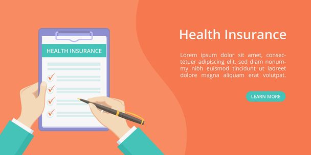 Landing health insurance on clipboard with hands - Vector, Image