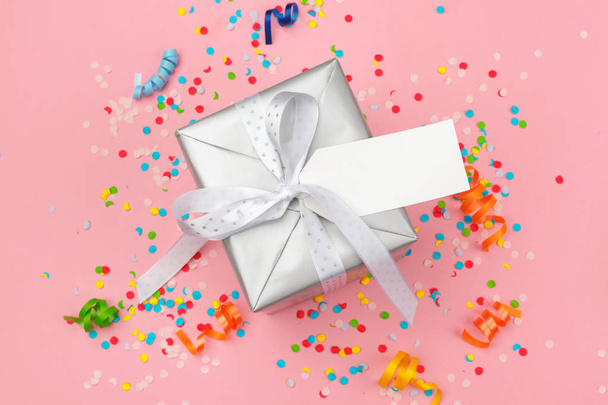gift box with various party confetti, streamers and decoration - Fotoğraf, Görsel