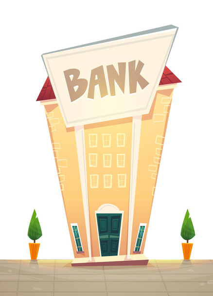 Cartoon-Bankfiliale an der Stadtstraße Illustration. Glückliche Finanzplanung. Geld des Börsenfinanzierungsvektors. Tresor oder Kredit - Vektor, Bild