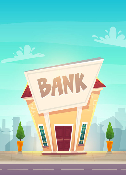 sarjakuva pankki sivukonttori City Street kuvitus. onnellinen finanssiliiketoiminnan suunnittelu. pörssi rahoituksen vektori. tallelokero tai luotto
 - Vektori, kuva