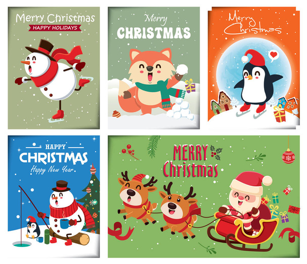 Vintage Kerstaffiche ontwerp met vector sneeuwpop, rendieren, pinguïn, Kerstman, elf, fox karakters. - Vector, afbeelding
