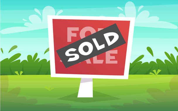 eladó eladott ház jel táblát, a külvárosi zöld mező bush kerítés és a tiszta kék ég felhők háttérrel. rajzfilm unicue stílus - Vektor, kép