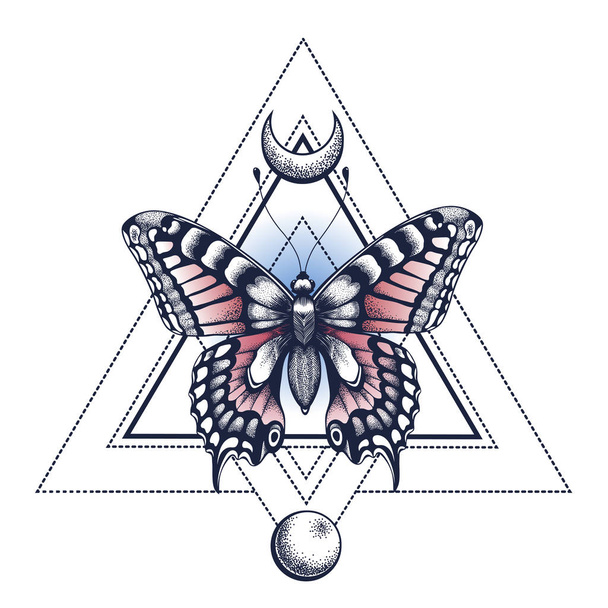 Black Ink. Butterfly, pyramid, half moon and moon. Tattoo Design. Mystical symbol of soul, immortality, rebirth - Vetor, Imagem