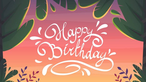 šťastné kreslené vtipné přání k narozeninám, piknik barbeque oslava bbq přírodní krajina romantická krásný západ slunce parku rostliny legrační květiny a dort svíčka pozvání stran. ručně kreslené písmo vektor - Vektor, obrázek
