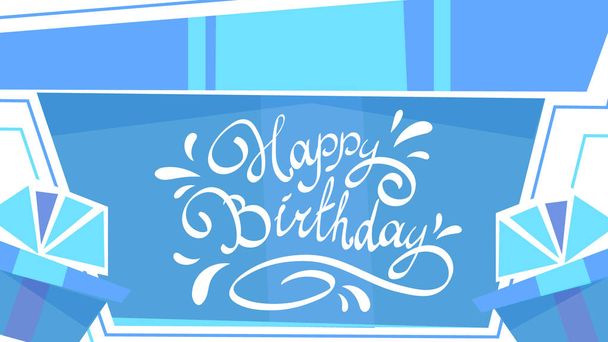 happy birthday calligraphy lettering sign at polka dots background , beautiful funny hand drawn unique text card poster invitation to party . funny cartoon red gift icon , vector illustration - Вектор,изображение