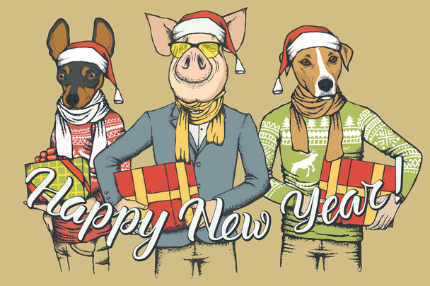 Новогодняя векторная концепция "Свинья и две собаки". Иллюстрация Дос и Свиньи на теле человека, празднующих Новый год
 - Вектор,изображение