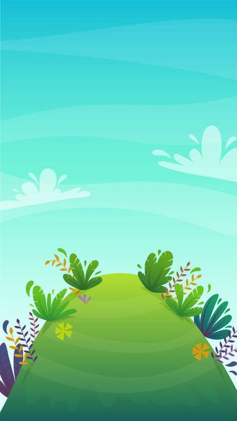 zielona trawa łąka w parku lub drzew leśnych i krzewów kwiaty krajobraz tło, natura trawnik ekologia pokój wektor ilustracja lasu natura szczęśliwy śmieszne kreskówki styl krajobraz - Wektor, obraz