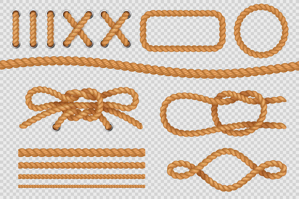 Touw elementen. Mariene kabel grenzen, nautische touwen met knoop, oude zeilen lus. Vector set - Vector, afbeelding