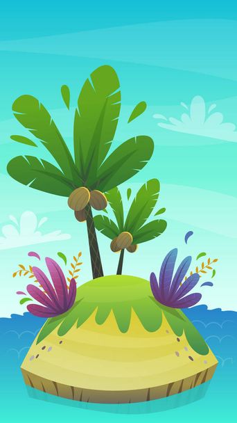 мультяшний пустельний тропічний острів з кокосовою пальмою та екзотичними кумедними рослинами. літні подорожі туризм свято Векторні ілюстрації, незаселений острів на морі океан
 - Вектор, зображення