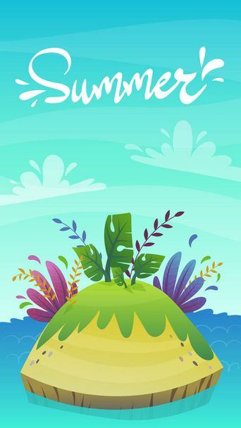 мультяшный тропический остров пустыни с кокосовой пальмой и экзотическими забавными растениями. векторная иллюстрация летнего туризма, необитаемый остров у моря
 - Вектор,изображение