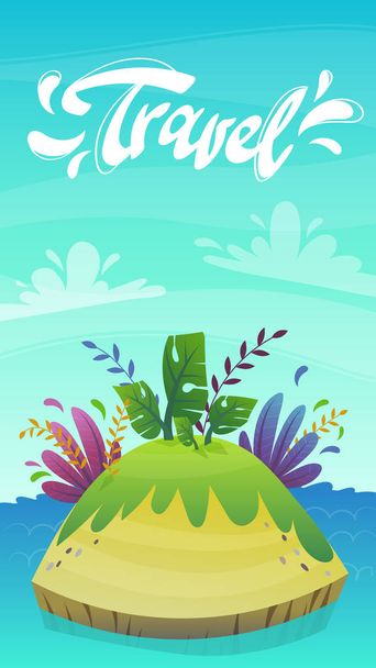 rajzfilm lakatlan trópusi sziget kókusz pálmafa és egzotikus vicces növények. nyári utazás turizmus nyaralás vektor illusztráció, lakatlan sziget tenger óceán - Vektor, kép