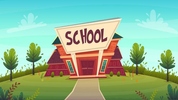 学校。知識面白い漫画背景、澄んだ青い空雲と緑赤の明るい色で暖かい秋教育カードカバーの日。高校漫画イラスト ベクトル  - ベクター画像