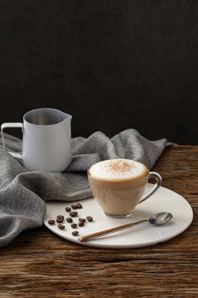 cappuccino coffee clear cup on wood background  for cafe coffee shop menu - Foto, immagini