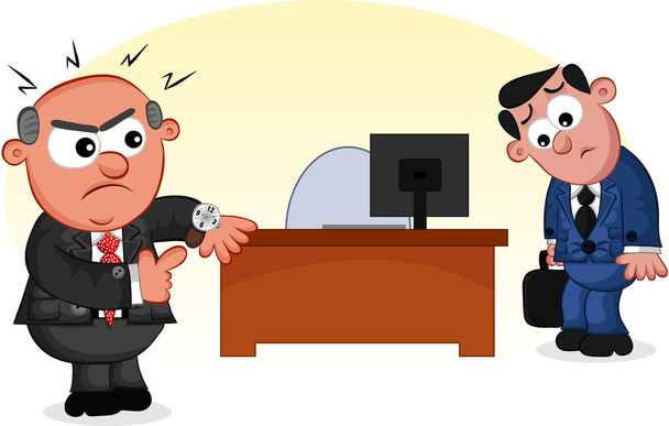Dibujos animados de negocios - Jefe hombre enojado con el empleado tardío
 - Vector, Imagen