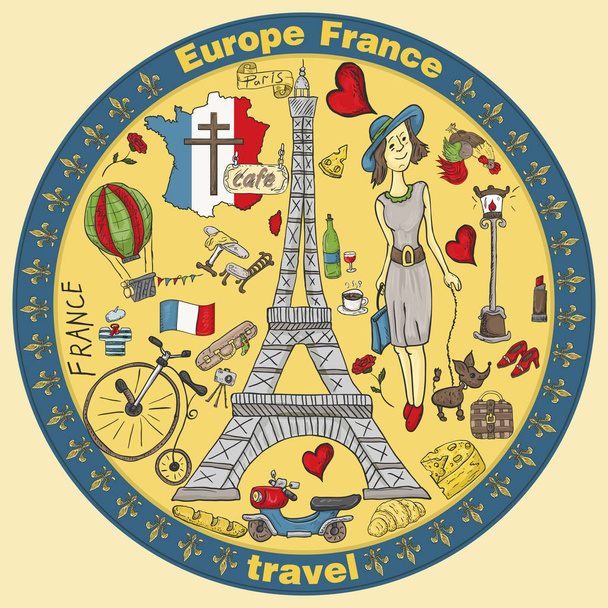 векторная цветная иллюстрация путешествия в Европу Франция, символы и аттракционы, набор рисунков, дизайн печати и веб-дизайн, рисунки на отдельных слоях, стиль каракули
 - Вектор,изображение