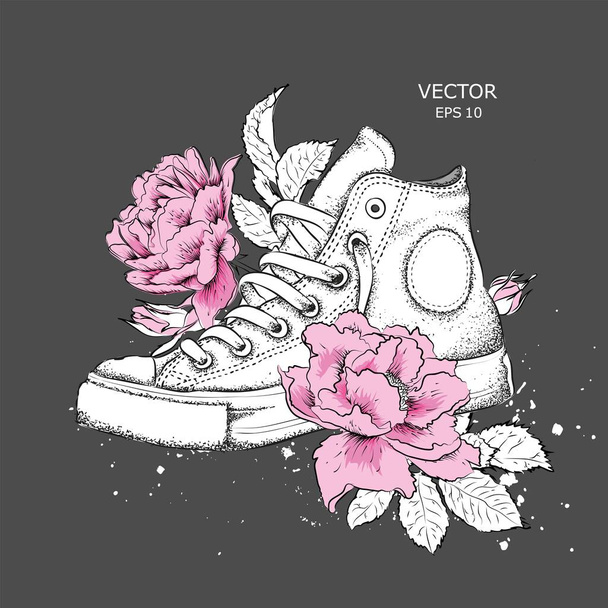 Floral background of peonies and shoes. Drawn sneakers in beautiful colors. Delicate print for women's clothing, notebooks and more. Vector illustration - Вектор, зображення