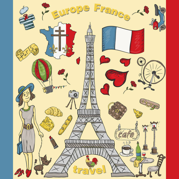 Vektor Farbillustration Reise nach Europa Frankreich, Symbole und Attraktionen, Zeichnungen, Druckdesign und Webdesign, Zeichnungen auf verschiedenen Ebenen, Doodle-Stil - Vektor, Bild