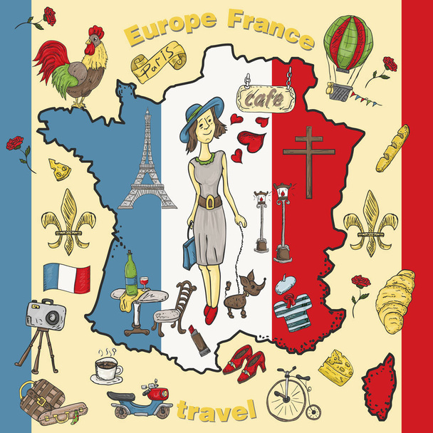 Vector εικονογράφηση χρώμα ταξίδια στη Γαλλία, Ευρώπη, σύμβολα και Αξιοθέατα, ορίστε εκτύπωση σχεδιασμός και σχεδιασμός ιστοσελίδων, σχέδια, σχέδια στα χωριστά στρώματα, Doodle στυλ - Διάνυσμα, εικόνα
