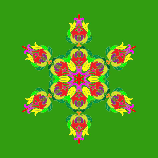 Diseño plano con copos de nieve multicolores abstractos aislados sobre fondo verde. Vector copos de nieve mandala. Ilustración vectorial
. - Vector, Imagen