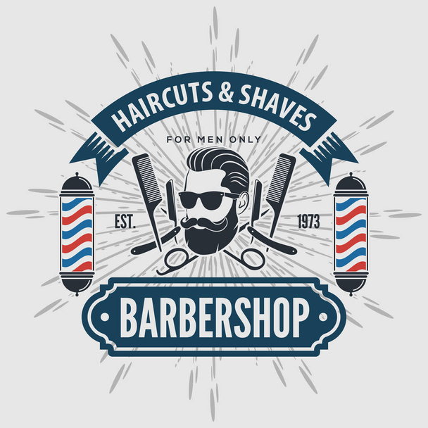 Etichetta vintage, distintivo o emblema del negozio di barbiere su sfondo grigio. Illustrazione vettoriale
 - Vettoriali, immagini