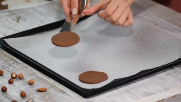 Umieścić surowego czekoladowe ciasteczka na blasze do pieczenia pergaminem, gotowy na piec. - Materiał filmowy, wideo