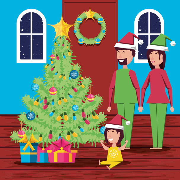 família feliz celebrando o Natal em casa design de ilustração vetorial
 - Vetor, Imagem