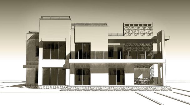 3D ołówek szkic ilustracja wzoru fasada budynku prywatnego. Stare księgi lub efekt sepii - Zdjęcie, obraz