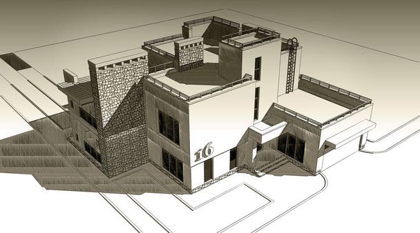 3D απεικόνιση σκίτσο μολύβι του ένα σύγχρονο ιδιωτικό κτίριο εξωτερική πρόσοψη σχεδιασμό. Παλιό χαρτί ή σέπια εφέ - Φωτογραφία, εικόνα