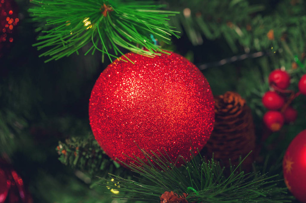 Decorated Christmas tree closeup. - Fotoğraf, Görsel