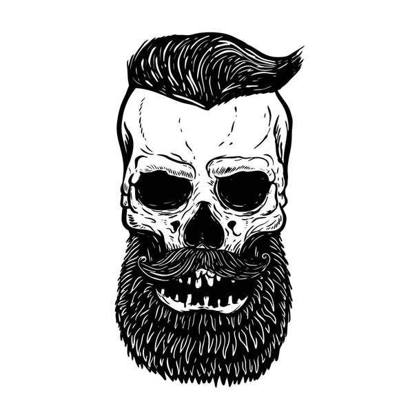 Beyaz izole el çekilmiş sakallı kafatası. Tasarım öğeleri için logo, etiket, arma, işaret. Vektör çizim - Vektör, Görsel