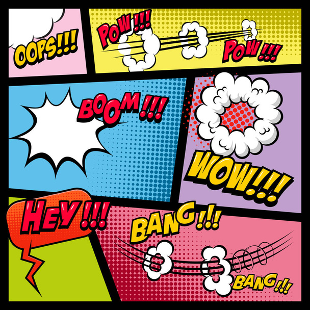 Comic-Seite-Attrappe mit farbigem Hintergrund. Bombe, Dynamit, Explosionen. Gestaltungselement für Plakat, Karte, Druck, Banner, Flyer. Vektorbild - Vektor, Bild
