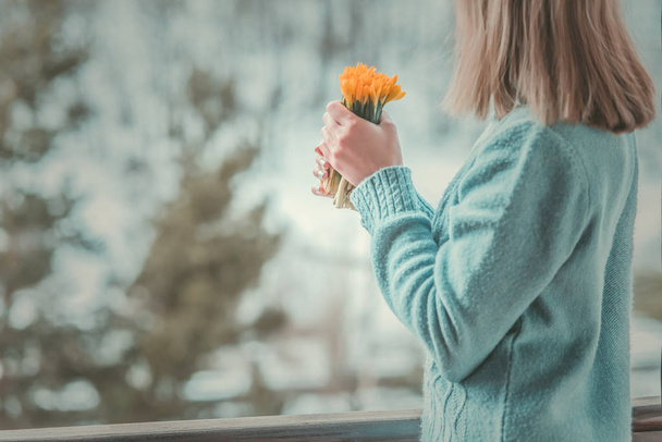 Woman hold bouquet of yellow flowers - Photo, Image