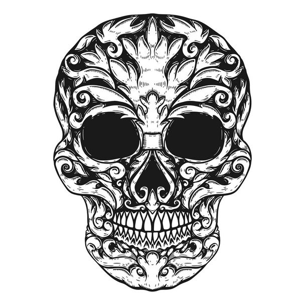 Crâne humain dessiné à la main Formes florales. Elément design pour poster, t-shirt. Illustration vectorielle
 - Vecteur, image