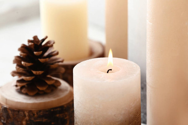Beautiful burning candle, closeup - Foto, imagen