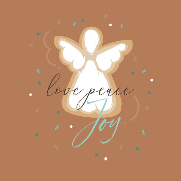 Hand drawn vector abstract fun Merry Christmas and Happy New Year time cartoon illustration greeting card with gingerbread cookies and Love Peace Joy quote isolated on brown background - Вектор,изображение