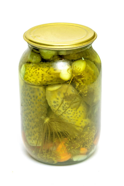 jar of pickled cucumbers on white background - Photo, Image