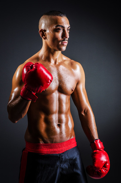 Boxer with red gloves in dark room - 写真・画像
