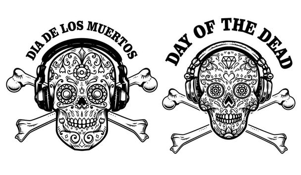 Set of mexican sugar skull with headphones and crossbones. DAY OF THE DEAD. Design element for poster, greeting card, banner, t shirt, flyer, emblem. Vector illustration - Vector, Image